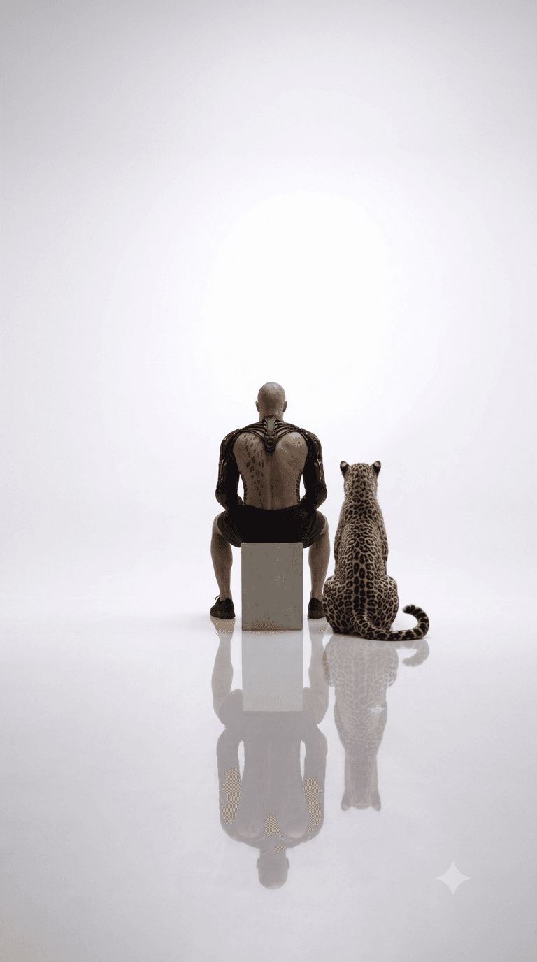 Seated figure with a leopard in white space